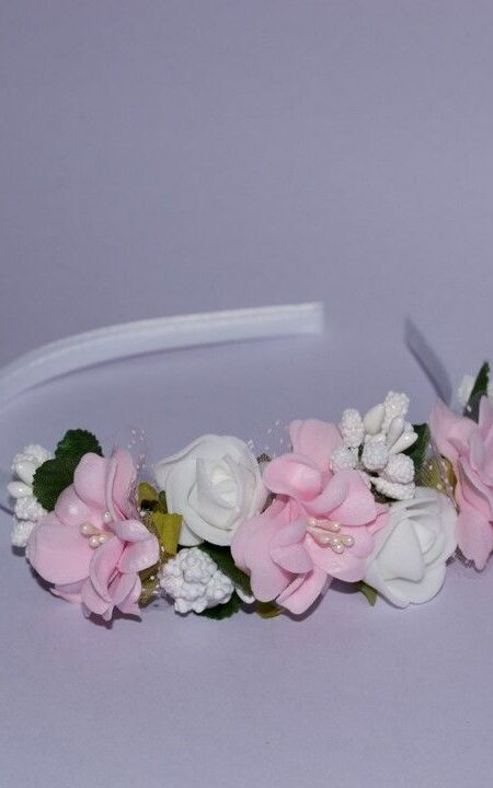 Opaska z różowo-białymi kwiatami, wizytowa dla dziewczynki