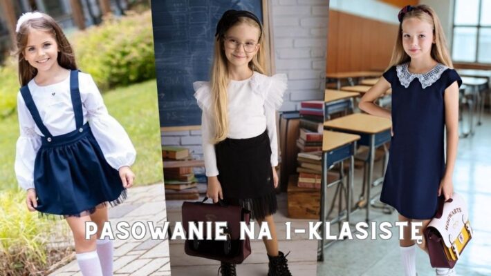 Trzy dziewczynki ubrane w eleganckie stroje na pasowanie na pierwszoklasistę, w tym sukienki i spódnice.