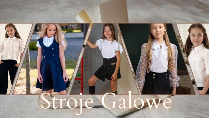 Kolekcja strojów galowych dla dziewczynek, w tym eleganckie bluzki i spódnice, idealne na uroczyste okazje.
