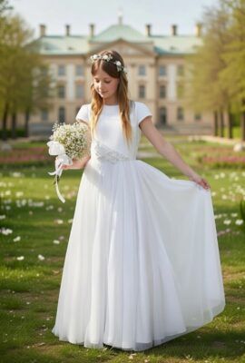 Biała długa suknia dla dziewczynki na komunię z ozdobnym paskiem i bukietem kwiatów w dłoni.