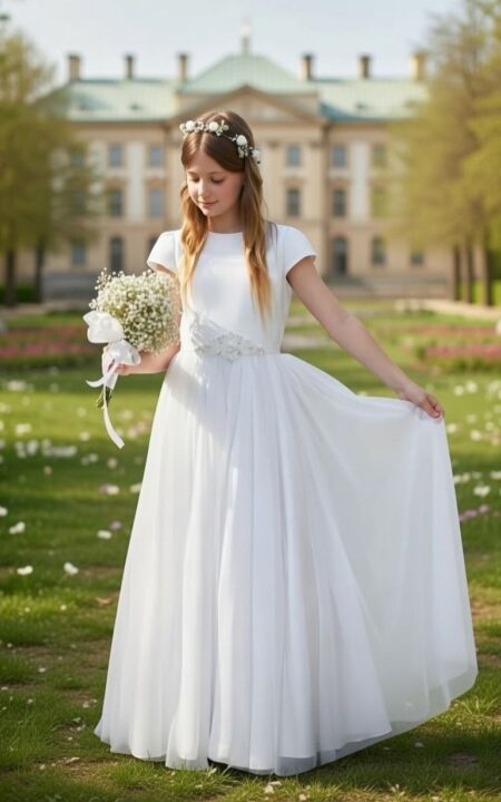 Biała długa suknia dla dziewczynki na komunię z ozdobnym paskiem i bukietem kwiatów w dłoni.