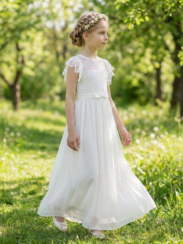Biała, długa suknia komunijna dla dziewczynki z koronkowymi rękawami, idealna na uroczystości.