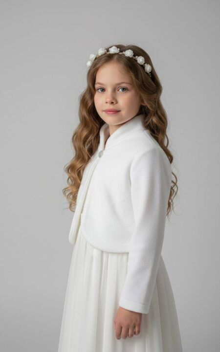 Białe bolerko polarowe dla dziewczynki, idealne na chłodniejsze dni, zestawione z białą sukienką.