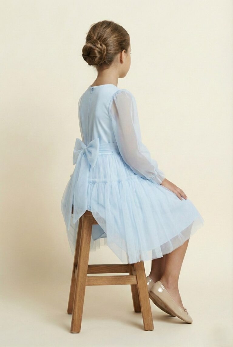 Błękitna tiulowa sukienka dla dziewczynki z kokardą z tyłu, idealna na specjalne okazje.