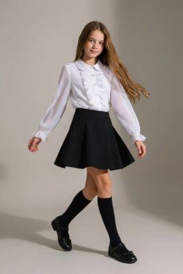 Biała bluzka dla dziewczynki z długimi, prążkowanymi rękawami i dekoracyjnymi guzikami, idealna na eleganckie okazje.
