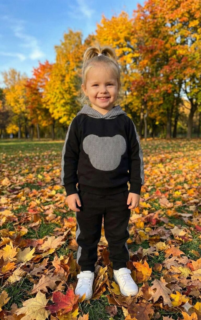 Czarny dres bawełniany w pepitkę dla dziewczynki z kapturem i nadrukiem misia, idealny na codzienne wyjścia.