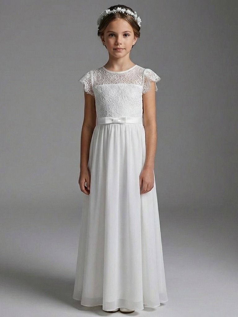 Długa biała sukienka do komunii dla dziewczynki z koronkowymi rękawami i ozdobnym paskiem.