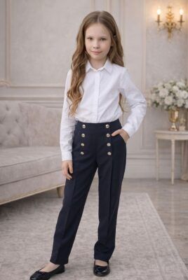 Granatowe klasyczne spodnie dla dziewczynki z guzikami, idealne na eleganckie okazje.