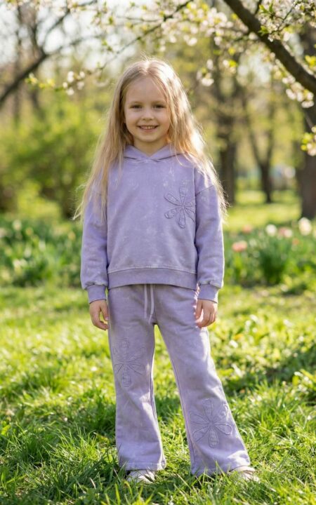 Komplet bawełniany dla dziewczynki w fioletowym kolorze z kapturem i haftem w kształcie kwiatu.