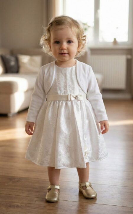 Komplet ecru dla dziewczynki składający się z sukienki z haftem i białego bolerka, idealny na uroczystości.