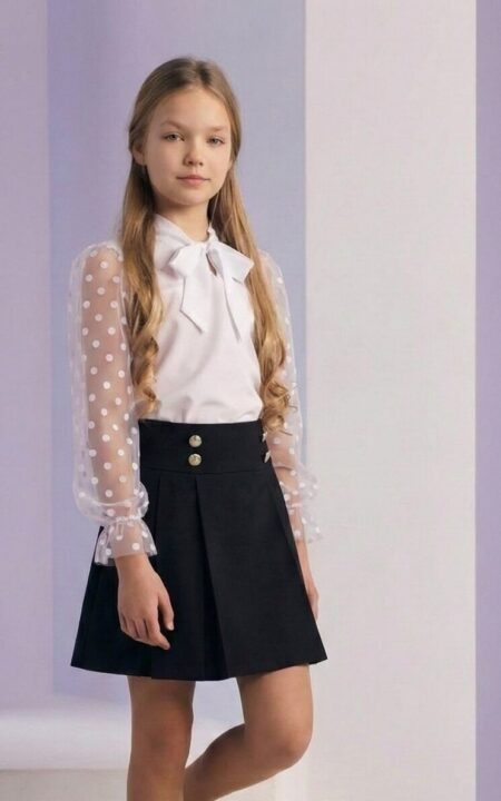 Biała koszula z tiulowymi rękawami w kropki i kokardą, idealna na eleganckie okazje.