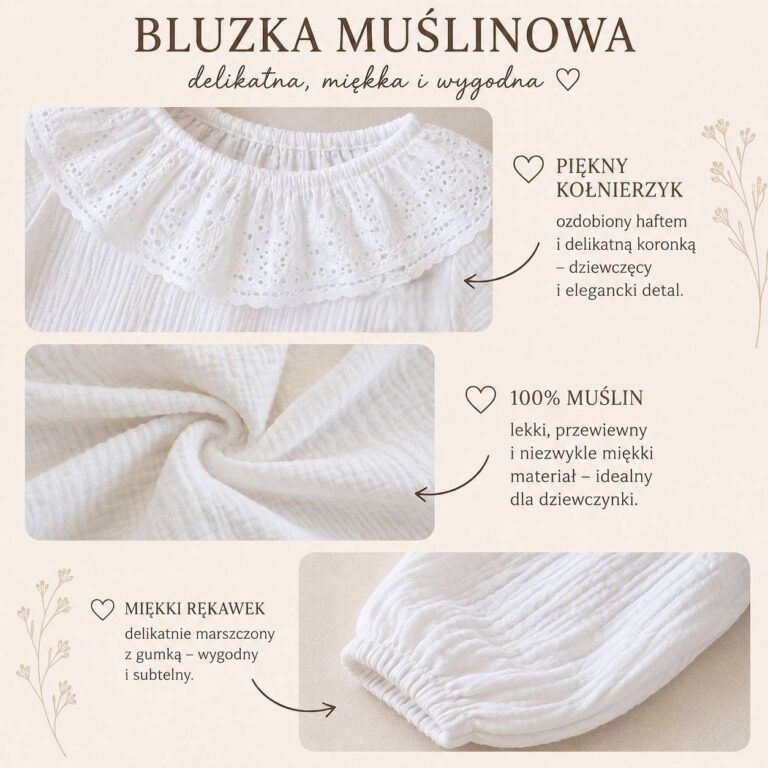 Biała bluzka muślinowa z koronkowym kołnierzykiem, wykonana z lekkiego i miękkiego materiału, idealna dla dziewczynki.