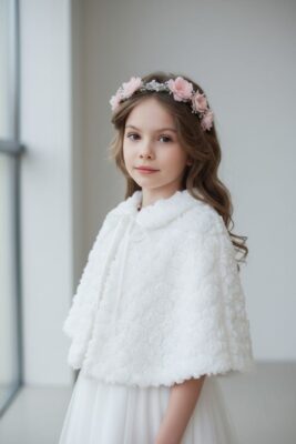Biała peleryna komunijna dla dziewczynki z delikatnym wzorem w różyczki, idealna na uroczystości.