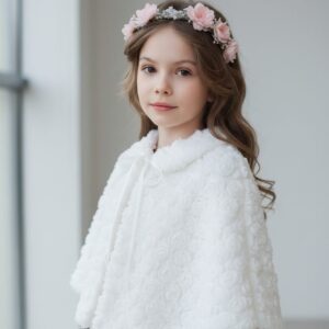 Biała peleryna komunijna dla dziewczynki z delikatnym wzorem w różyczki, idealna na uroczystości.