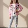 Różowo-szary zestaw dla dziewczynki z postacią Minnie Mouse, składający się z bluzy i spodni.