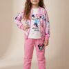 Różowy komplet dla dziewczynki z bluzą i spodniami, ozdobiony motywem Myszki Minnie.