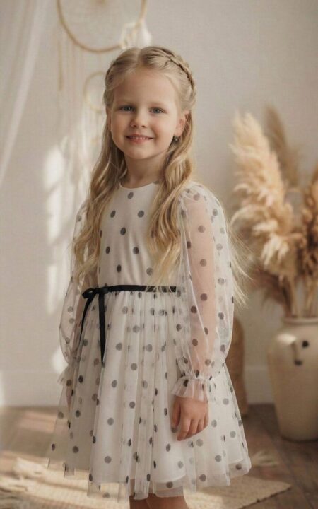 Biała sukienka w czarne kropki z długimi przezroczystymi rękawami i czarnym paskiem, idealna na specjalne okazje dla dziewczynki.