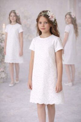 Sukienka ecru z koronkowym wzorem dla dziewczynki, idealna na specjalne okazje.