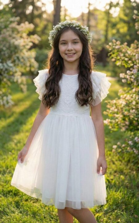 Biała sukienka koronkowa dla dziewczynki z falbanami na rękawach, idealna na uroczystości.