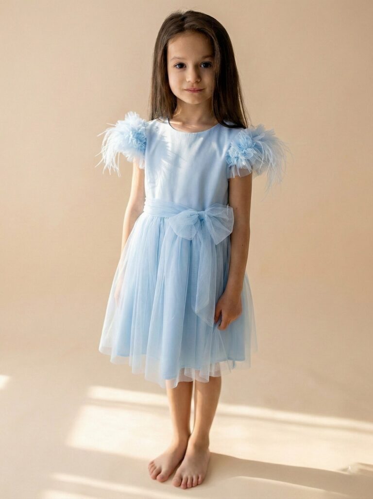 Niebieska sukienka tiulowa dla dziewczynki z ozdobnymi rękawami i kokardą w pasie.
