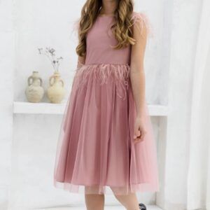 Tiulowa sukienka dla dziewczynki w brudnym różu z piórkami, idealna na specjalne okazje.