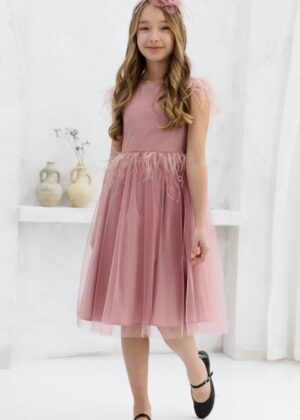 Tiulowa sukienka dla dziewczynki w brudnym różu z piórkami, idealna na specjalne okazje.