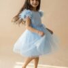 Sukienka tiulowa dla dziewczynki w kolorze niebieskim z piórami na rękawach, idealna na wyjątkowe okazje.