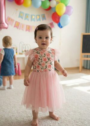 Sukienka w kwiaty dla małej dziewczynki z różowym tiulem, idealna na urodziny lub inne wyjątkowe okazje.