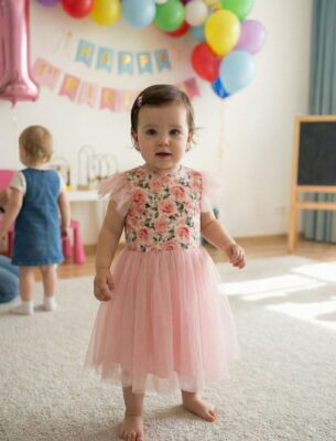 Sukienka w kwiaty dla małej dziewczynki z różowym tiulem, idealna na urodziny lub inne wyjątkowe okazje.