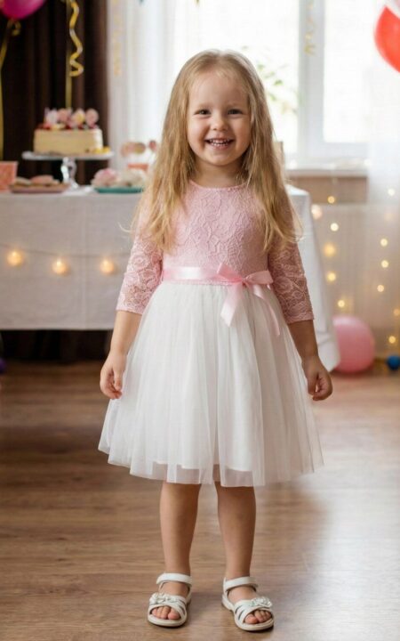 Sukienka wizytowa dla dziewczynki z różową koronką i białą spódnicą, idealna na uroczystości.