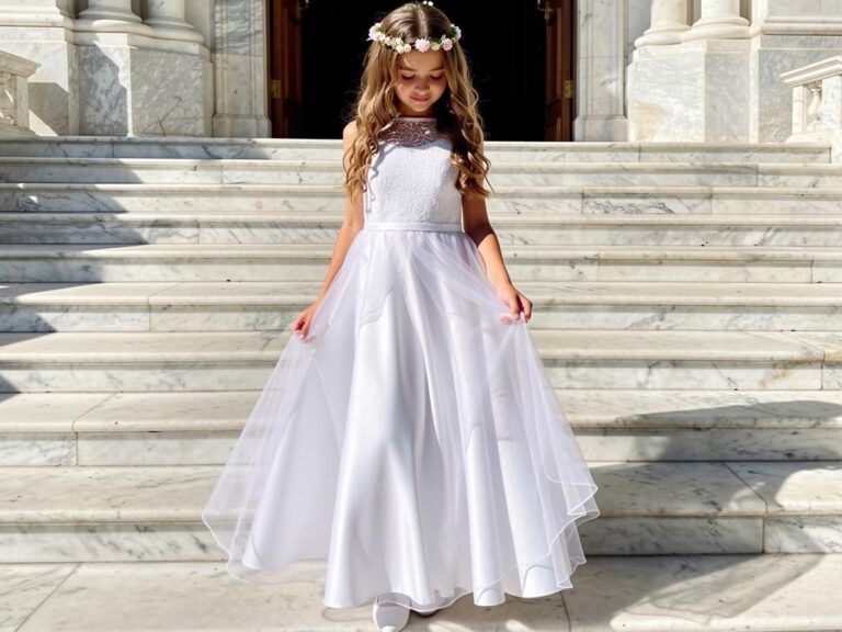 Biała suknia na komunię z nabłyszczanego szyfonu, ozdobiona koronkowym gorsetem, idealna na uroczystości.