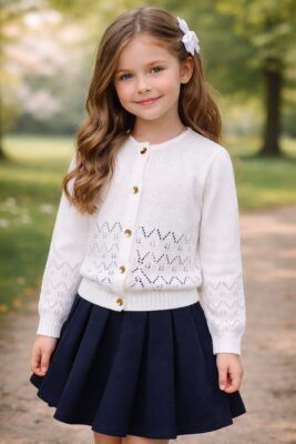 Ecru sweter z złotymi guzikami i ażurowym wzorem, idealny do stylizacji na co dzień.