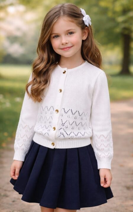 Ecru sweter z złotymi guzikami i ażurowym wzorem, idealny do stylizacji na co dzień.