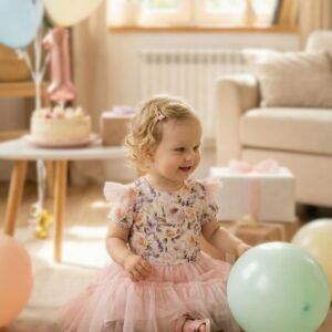 Tiulowa sukienka dla małej dziewczynki z kwiatowym wzorem, idealna na przyjęcie urodzinowe.