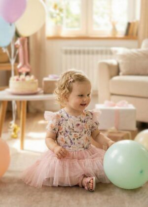 Tiulowa sukienka dla małej dziewczynki z kwiatowym wzorem, idealna na przyjęcie urodzinowe.