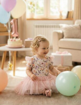 Tiulowa sukienka dla małej dziewczynki z kwiatowym wzorem, idealna na przyjęcie urodzinowe.