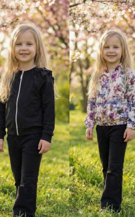 Zestaw dwóch bluz z długimi rękawami i spodniami dla dziewczynki, w tym czarna bluza z falbankami oraz kolorowa bluza w kwiaty.